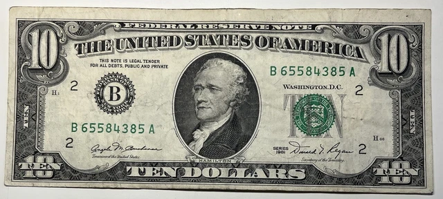 1981 $10 Ten Dollar Bill Federal Reserve Note  New York Vintage Old Currency
