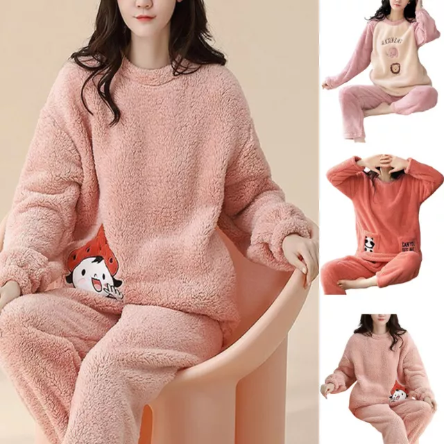 Cute Women Girls Fluffy Fleece Pajamas Set Sleepwear Warm Nightwear Tops + Pants