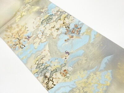 6054172: Japanese Kimono / Vintage Fukuro Obi / Woven Pine & Flower With Birds
