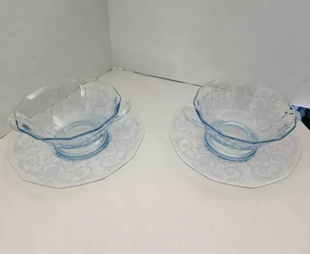 Fostoria Versailles Azure Blue Crystal Dbl-Hdl Cream Soup Bowl & Saucer 2 Sets