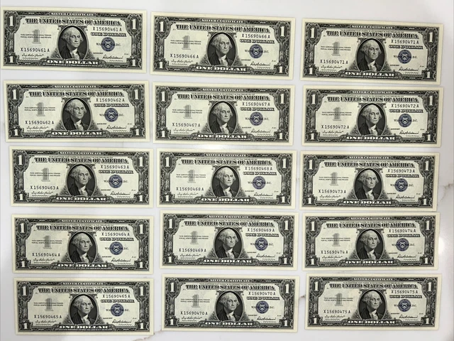 1957 $1 Silver Certificate Blue Seal Fr1619 Consecutive Lot 15 Crisp Uncirculate