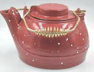 Vintage Large Red & White Speckled Enamel Cast Iron Tea Pot Kettle Swivel Lid