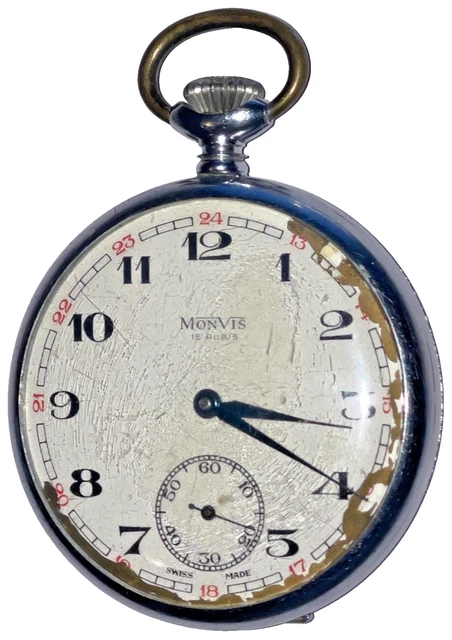 Montre De Poche Mécanique Monvis Plaqué Or - Vintage Années 60, Neuve étiquetée, 17 Rubis