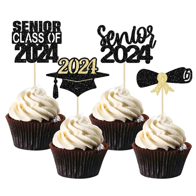 GYUFISE 24 PACK 2024 Graduation Theme Cupcake Toppers Glitter Class of