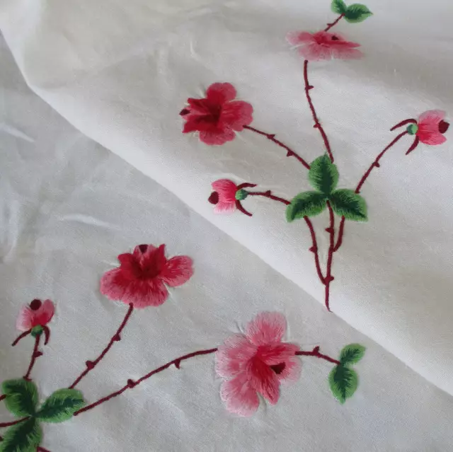 Vintage c1940s Cream Linen 65" Tablecloth Hand Embroidered Pink CHERRY BLOSSOMS