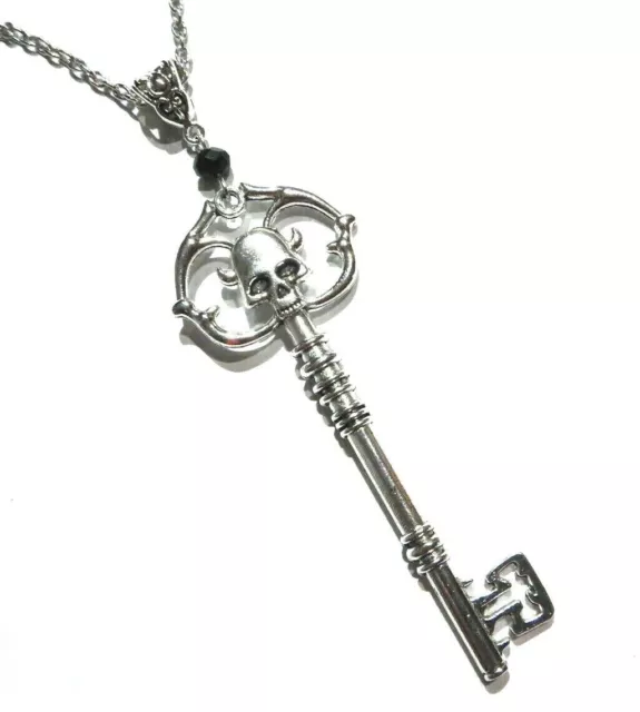 SILVER SKULL SKELETON KEY PENDANT NECKLACE Gothic Stampunk Punk Halloween