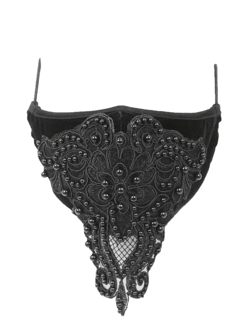 Masque en tissu noir velours élégant, broderie et perles, mode Devil Fashion