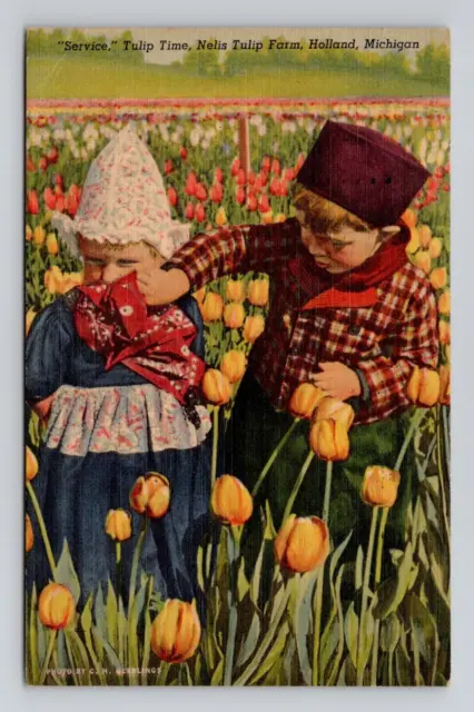 Postcard Children Tulip Time Farm Holland Michigan, Vintage Linen G5