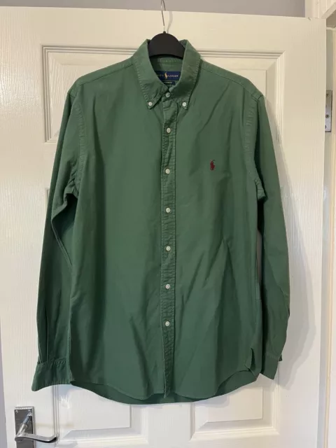 Polo da uomo Ralph Lauren verde manica lunga camicia Oxford vestibilità personalizzata media M