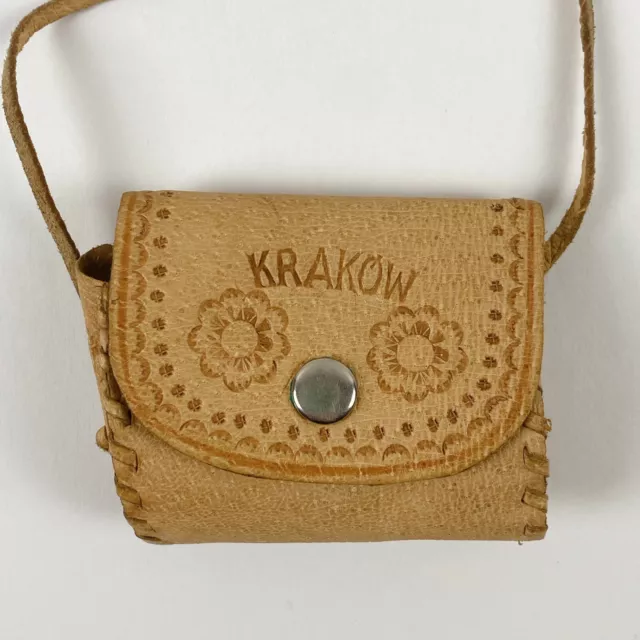 Vintage Tooled Leather Snap Small Coin Pouch Purse String Souvenir Krakow Poland