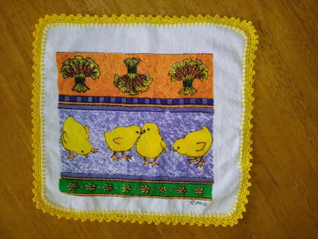 Vintage hand crocheted edge terry Face washer/Wash cloth Chickens Free postage