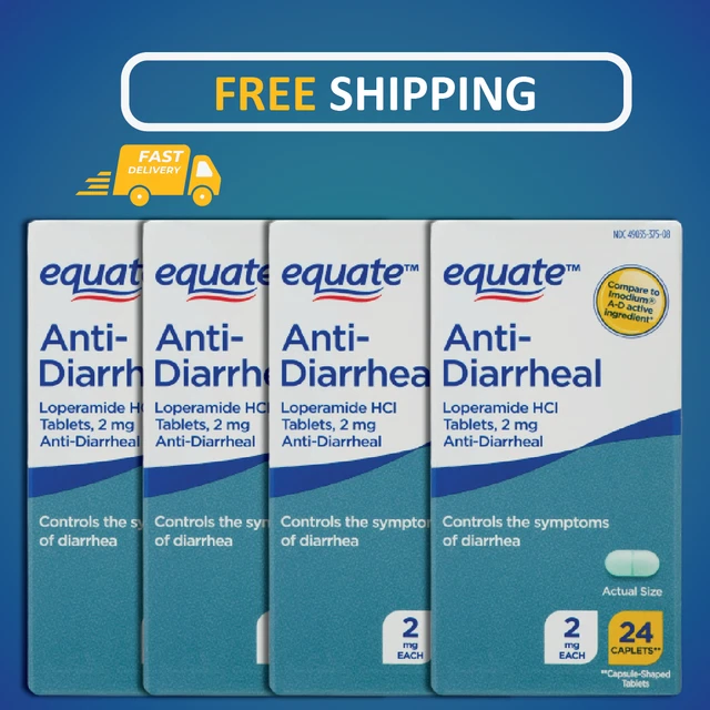 4 PACKS EQUATE AntiDiarrheal HCI 2mg 24 Caplets, Total 96 Caplets 19.