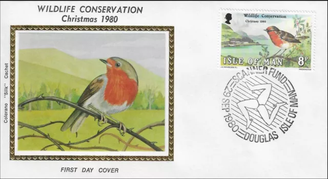 Wildlife Conservation Christmas Red Bird Isle Of Man GB Colorano Silk FDC 1980