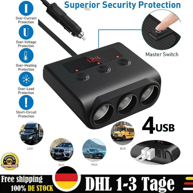 12V/24V LKW Auto KFZ Adapter 3Fach Zigarettenanzünder Verteiler 4USB Steckdose