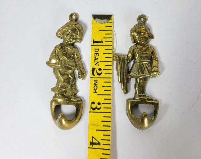 Vintage Brass Dutch Boy Girl Wall Hooks Bath Towel Coat Hooks Nursery Set of 2