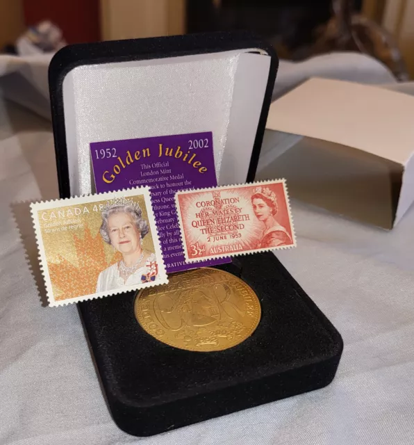 Queen Elizabeth II Gold Jubilee Coin & Stamp Medal King Charles III Royal Mint