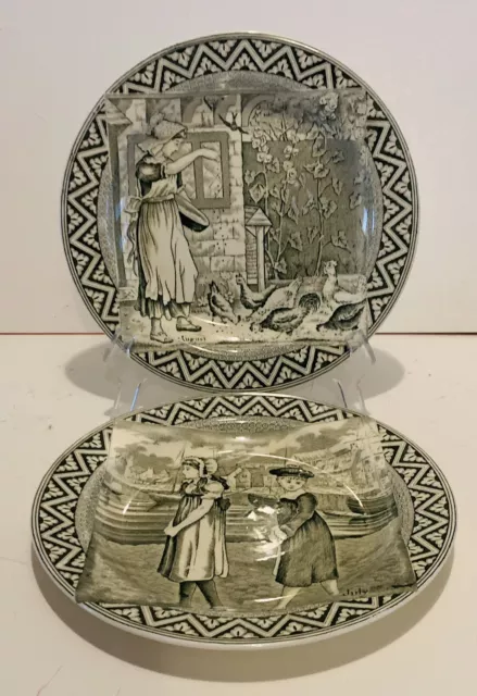 2 Antique Wedgwood Creamware Black Transfer Months Aug July Plates c1870