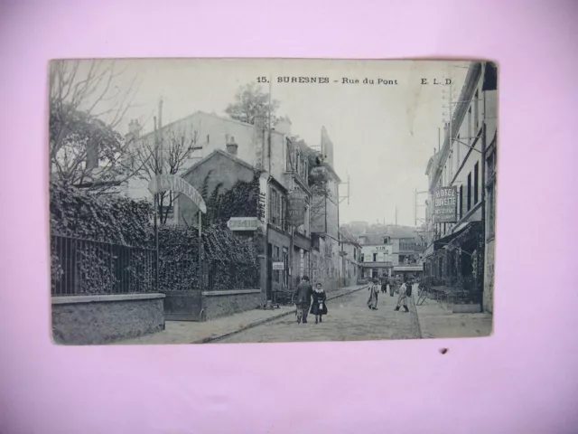 CPA SURESNES animated rue du pont - back pub chocolate LOUIT