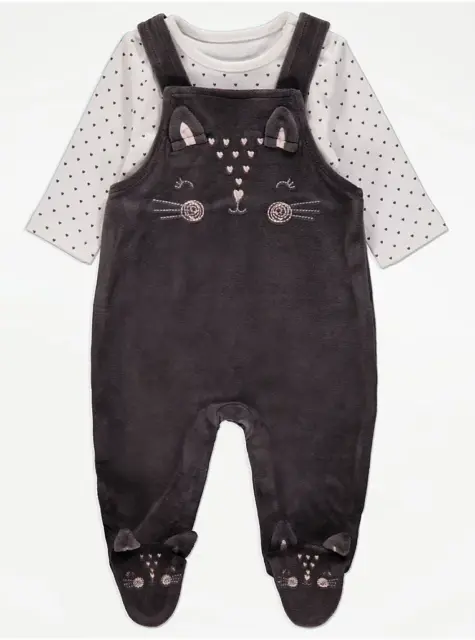 Baby Girls Soft Velour Cat Dungarees and Bodysuit 2 Piece Outfit 0-12 Months NEW