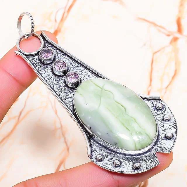 Swiss Green Opal, Kunzite Gemstone Handmade Gift Jewelry Pendant 3.35" P693