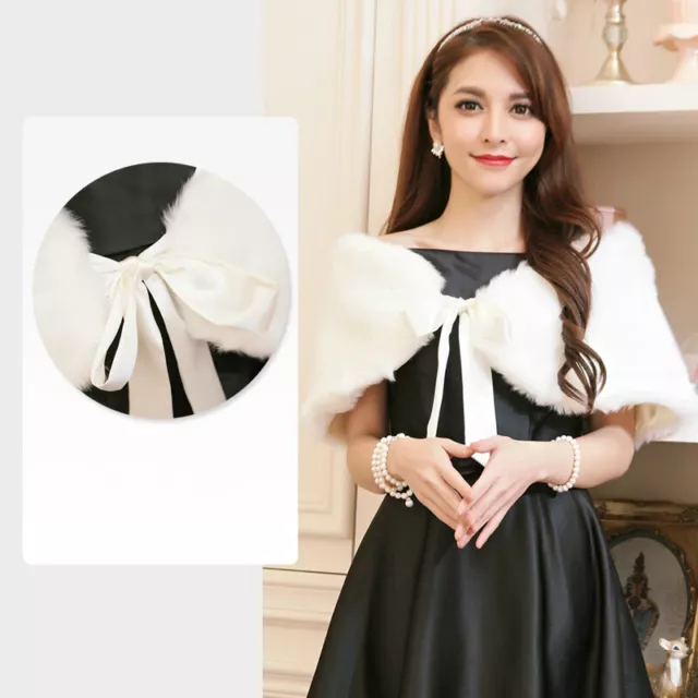 Women Bridal Faux Fur Wrap Shawl Shrug Bolero Cape Wedding Satin Bowknot