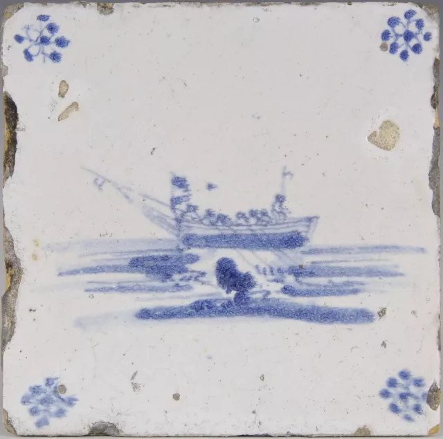 Nice Dutch Delft Blue tile, figures on a sailboat, 17th ct circa 1680.