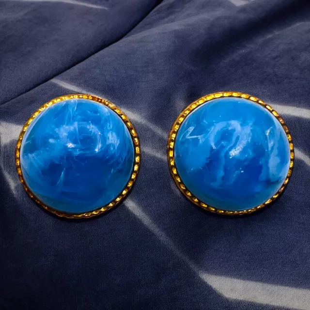 Striking 1980s Blue Marbled Cabochon Clip-On Earrings Vintage