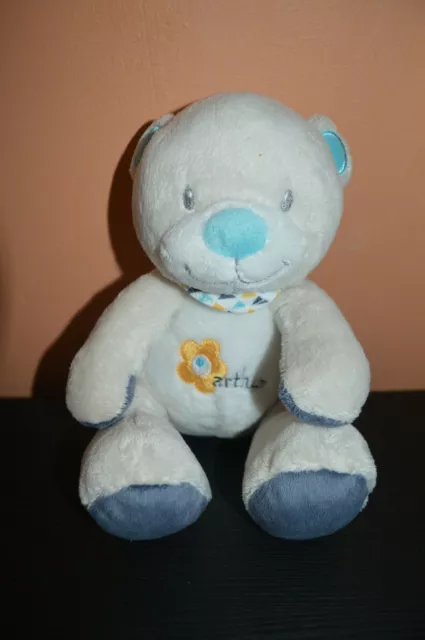 Peluche Arthur Bebisol Doudou Ours Beige Blanc Bleu Arthur Fleur Foulard