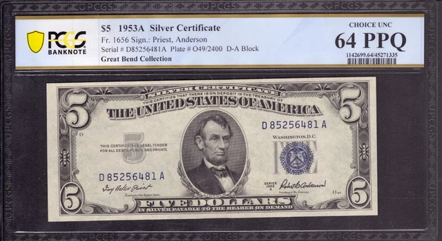 1953 A $5 Silver Certificate Note Fr 1656 Da Block Pcgs B Choice Unc Cu 64 Ppq