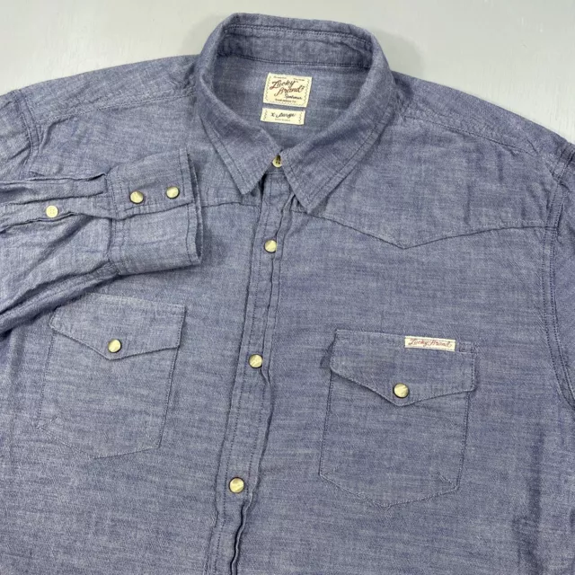 Lucky Brand Shirt Mens XL Pearl Snap Western Chambray Long Sleeve Button Up Blue