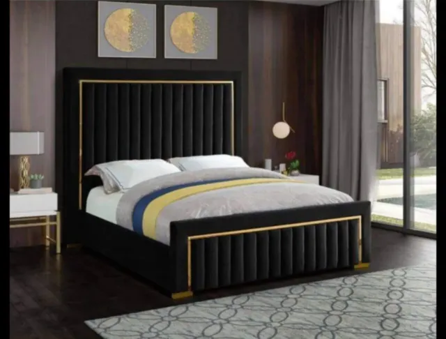 Plush Velvet Panel Gold Strip Ottoman Gas lift Bed Frame Double king size