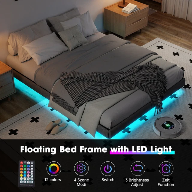 KING SIZE FLOATING Platform Bed Frame with Under Storage & LED Light ...