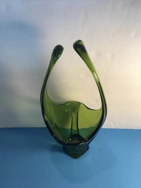 MCM Viking Art Glass Epic Open Vase-Basket Green Swung Stretched Handle