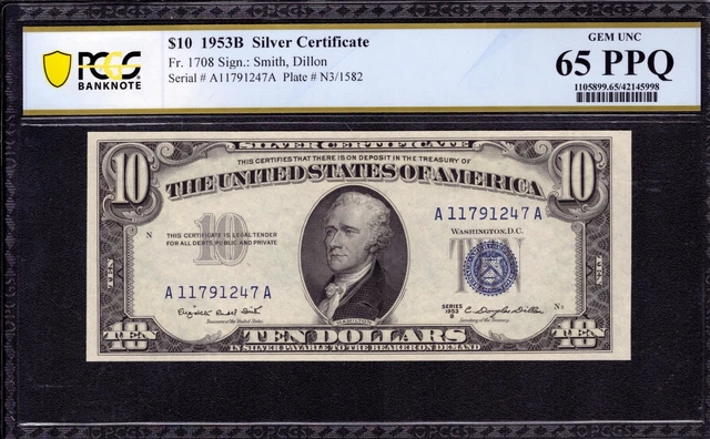 1953 B $10 Silver Certificate Note Fr.1708 Aa Block Pcgs B Gem Unc 65 Ppq