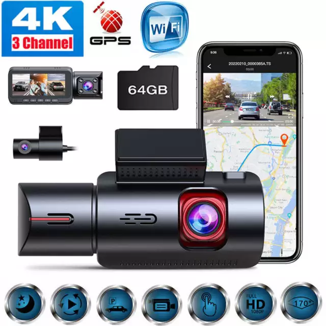 TOGUARD 3CH WIFI 4K Dual Dash Camera GPS Front Rear Inside 3 Channel Cam  64GB £135.99 - PicClick UK