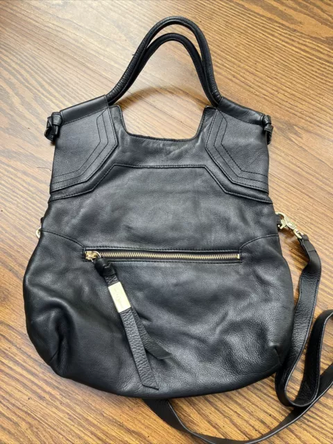 Foley and Corinna Black Leather Purse  Fold Over Crossbody Shoulder Bag Classic