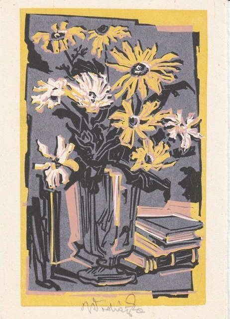 Freie Grafik Hochdruck Jaroslav Vodrazka 1894-1984 Blumen Bücher