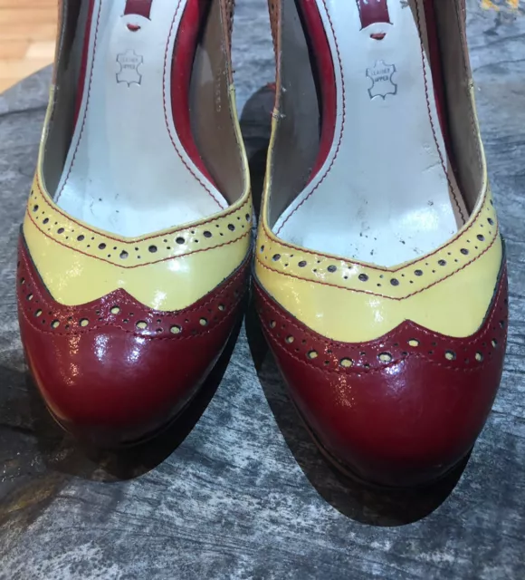 Size 5 Vintage Patent Leather Brogue Court Shoes 3.5" Heels Red Yellow Pink Next