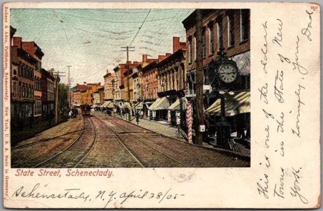 Vintage SCHENECTADY, New York Postcard "State Street" Downtown Scene 1905 Cancel