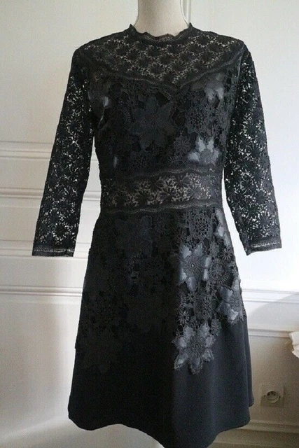 Robe The Kooples Noire En Dentelle - Col Blanc, Taille 36 - Style Mini, Occasion Très Bon état