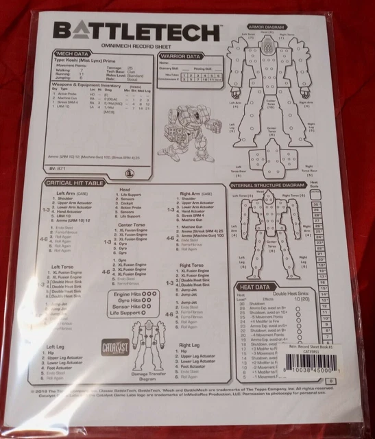 BATTLETECH RECORD SHEET book 1 Catalyst game labs CAT 35RS1