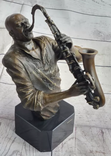 Black African American Saxaphone Player Jazz Musician Bronze Marble Statue 10" x