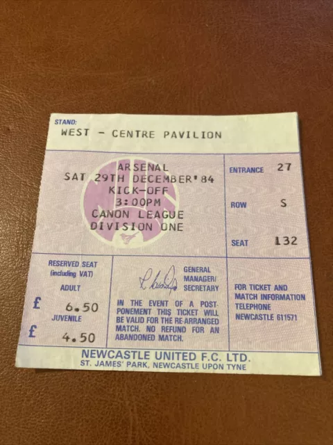 Stub biglietto Newcastle United v Arsenal 1984