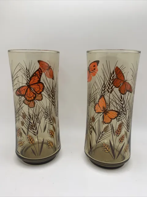 Vintage set of 2 ~ Libbey 16 oz. Glasses Amber Monarch Butterfly Wheat Pattern