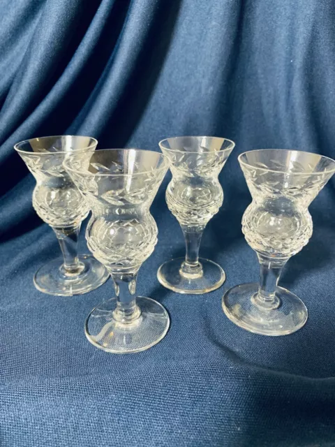 4 X Thistle Shape Cut Crystal Dram Size Glasses Vintage Unbranded VGC