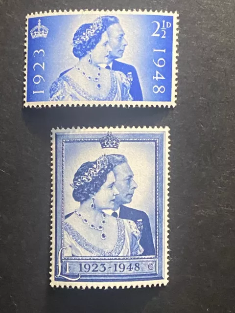 GB 1948 GVI Royal Silver Wedding 2 1/2d & £1 SG 493-4 MLH