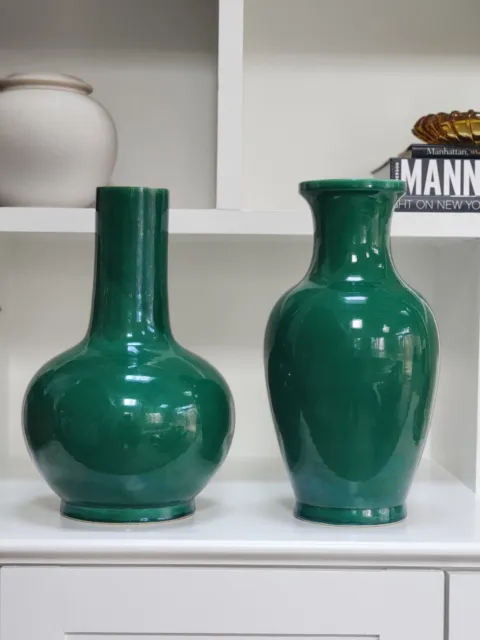 Pair Of 14 Inch Green Crackle Glaze Porcelain Chinese Vases