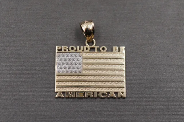 14K Solid Yellow Gold 0.9" Two Tone PROUD TO BE AMERICA USA Flag Charm Pendant.