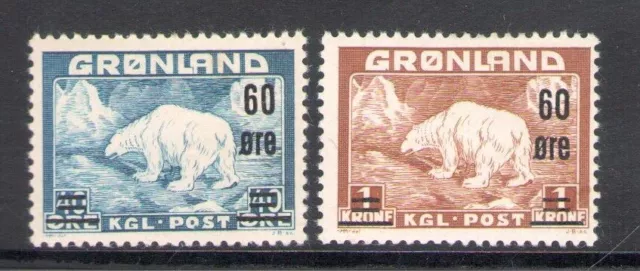 1956 Groenlandia, Francobolli n. 8-9 soprastampati, Catalogo Unificato n. 28-29,
