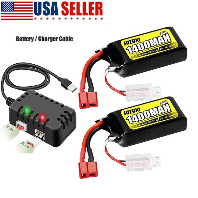 2x7.4V 1400mAh 2S Lipo Battery 30C Deans T-Plug & JST XH-3P Connector for RC Car